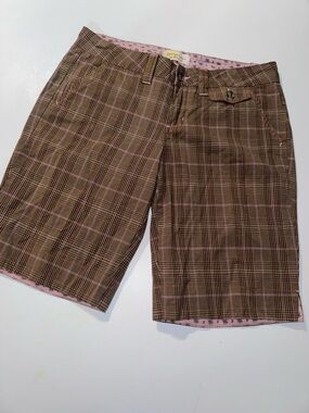 Womens Y2K Department of Peace Pink & Brown Plaid Bermuda Shorts